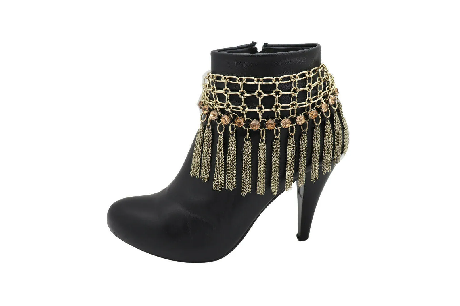 Gold Color Metal Chain Boot Bracelet Shoe Web Fringe Charm Tassel