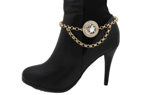 Gold Metal Chain Circle Gem Pendant Boot Bracelet