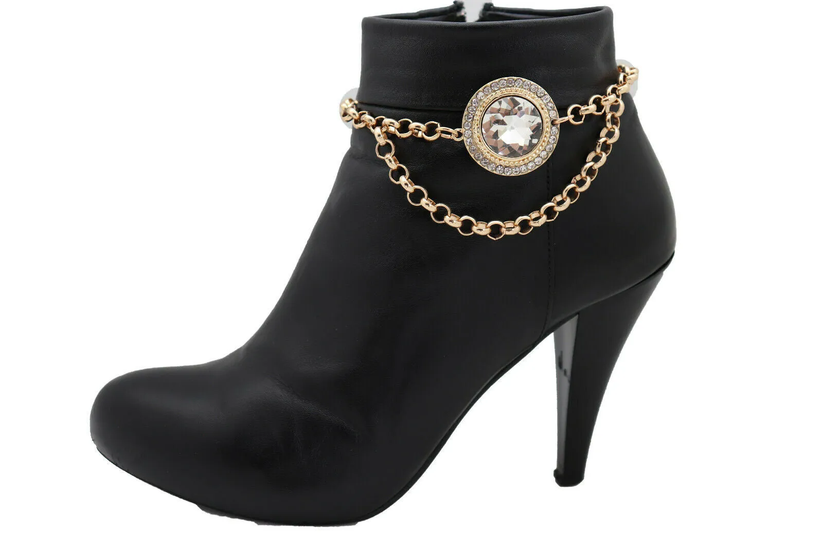 Gold Metal Chain Circle Gem Pendant Boot Bracelet