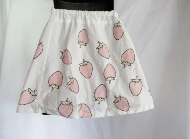 Handmade STRAWBERRY Mini SKIRT S WHITE PINK GREEN Boho Hippy Preppy Womens