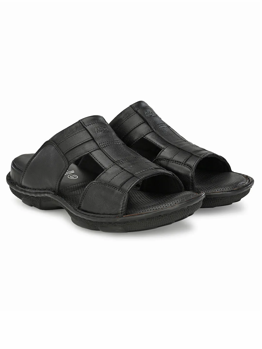 Hitz Men's Black Leather Open Toe Comfort Slippers