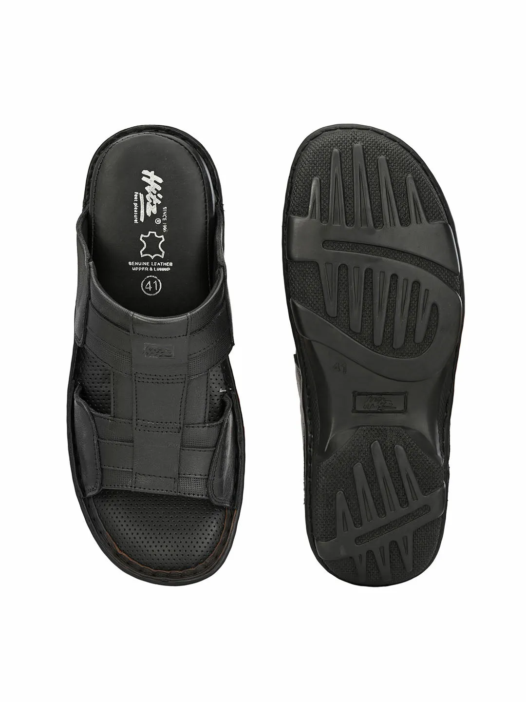 Hitz Men's Black Leather Open Toe Comfort Slippers