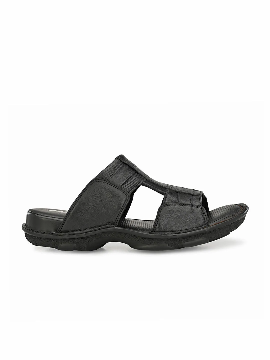 Hitz Men's Black Leather Open Toe Comfort Slippers