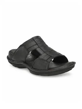 Hitz Men's Black Leather Open Toe Comfort Slippers