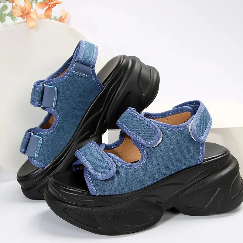 Hnzxzm Blue Denim Chunky Platform Sandals Women Summer Plus Size Wedge Sandals Woman Gothic Hook Loop Thick Bottom Sandalias Mujer