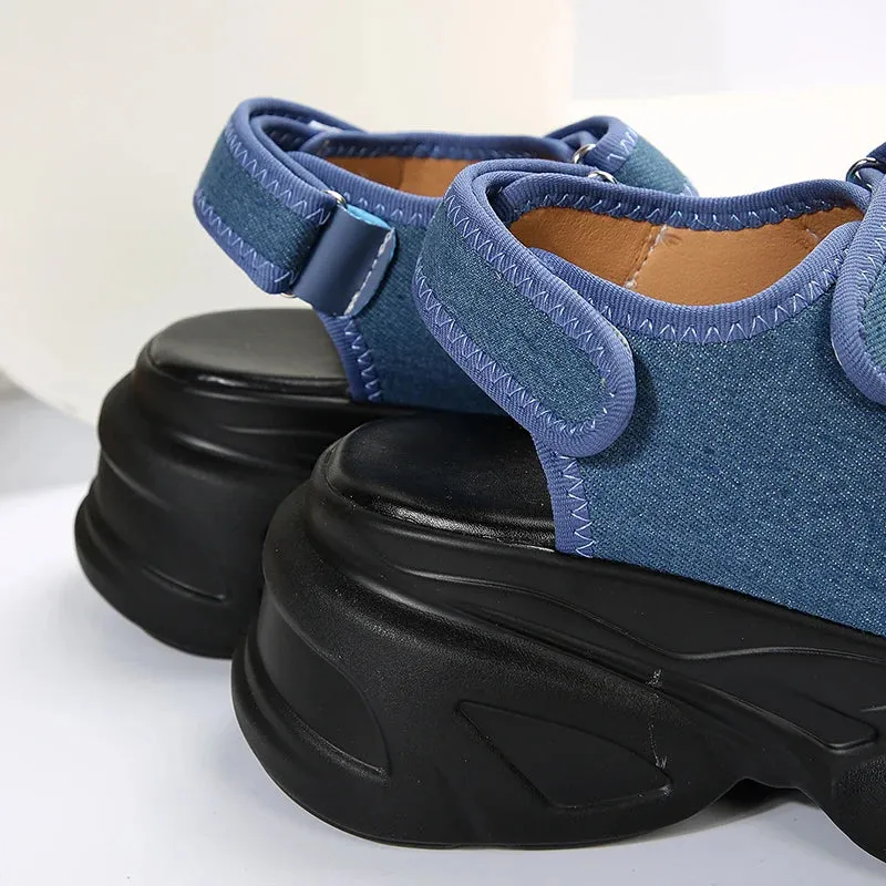 Hnzxzm Blue Denim Chunky Platform Sandals Women Summer Plus Size Wedge Sandals Woman Gothic Hook Loop Thick Bottom Sandalias Mujer