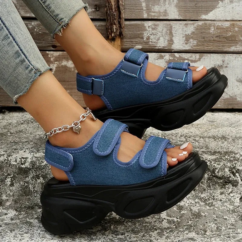 Hnzxzm Blue Denim Chunky Platform Sandals Women Summer Plus Size Wedge Sandals Woman Gothic Hook Loop Thick Bottom Sandalias Mujer