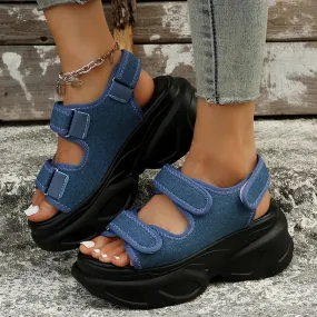 Hnzxzm Blue Denim Chunky Platform Sandals Women Summer Plus Size Wedge Sandals Woman Gothic Hook Loop Thick Bottom Sandalias Mujer