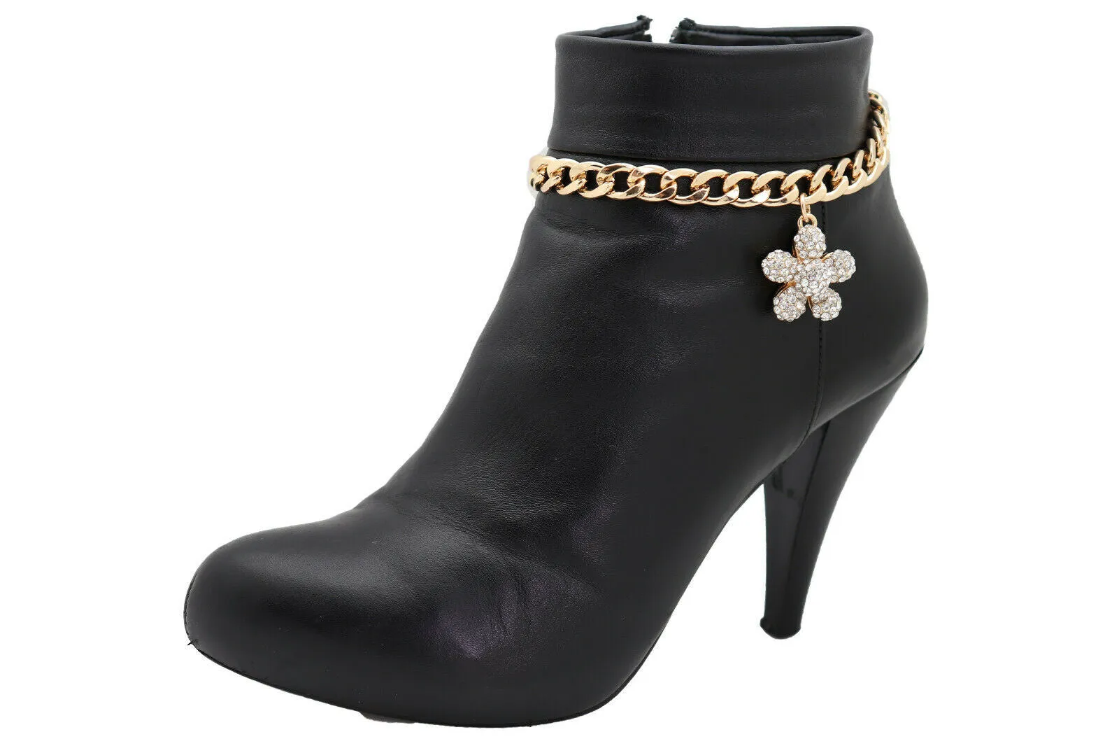 Iced Out Rhinestone Flower Charm Gold Metal Boot Chain