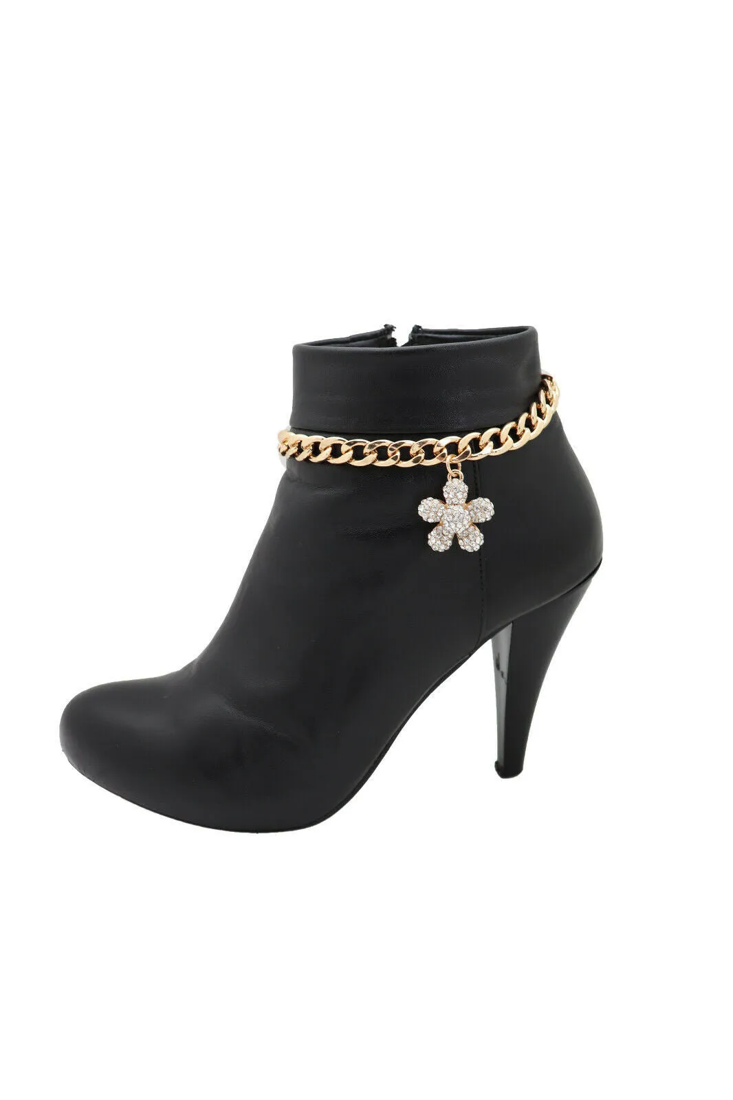 Iced Out Rhinestone Flower Charm Gold Metal Boot Chain