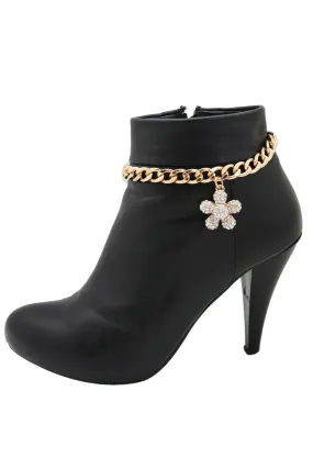 Iced Out Rhinestone Flower Charm Gold Metal Boot Chain