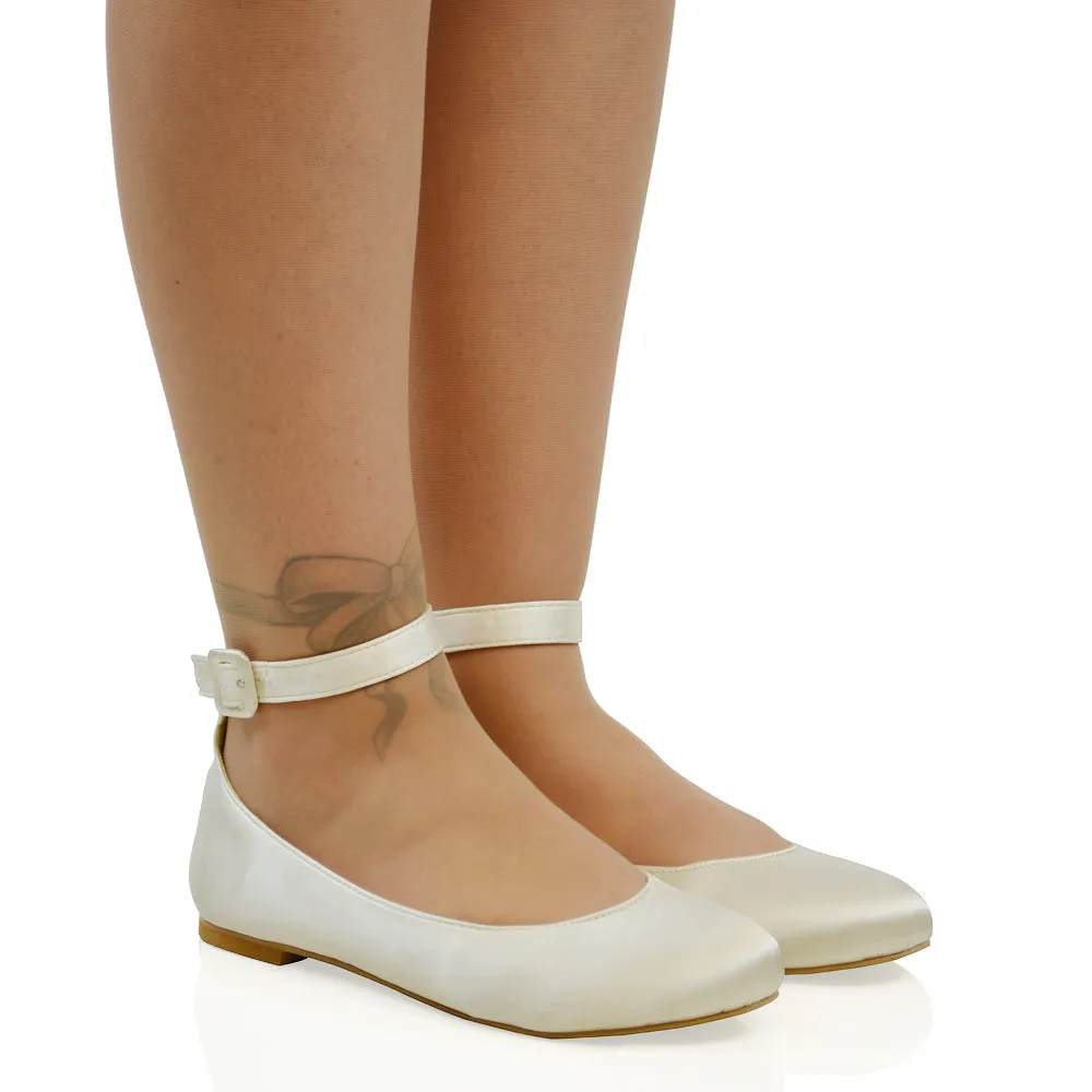 KIMMIE BALLERINA LOW BLOCK HIGH HEEL BUCKLE STRAPPY PUMP FLAT SHOES in Ivory Satin