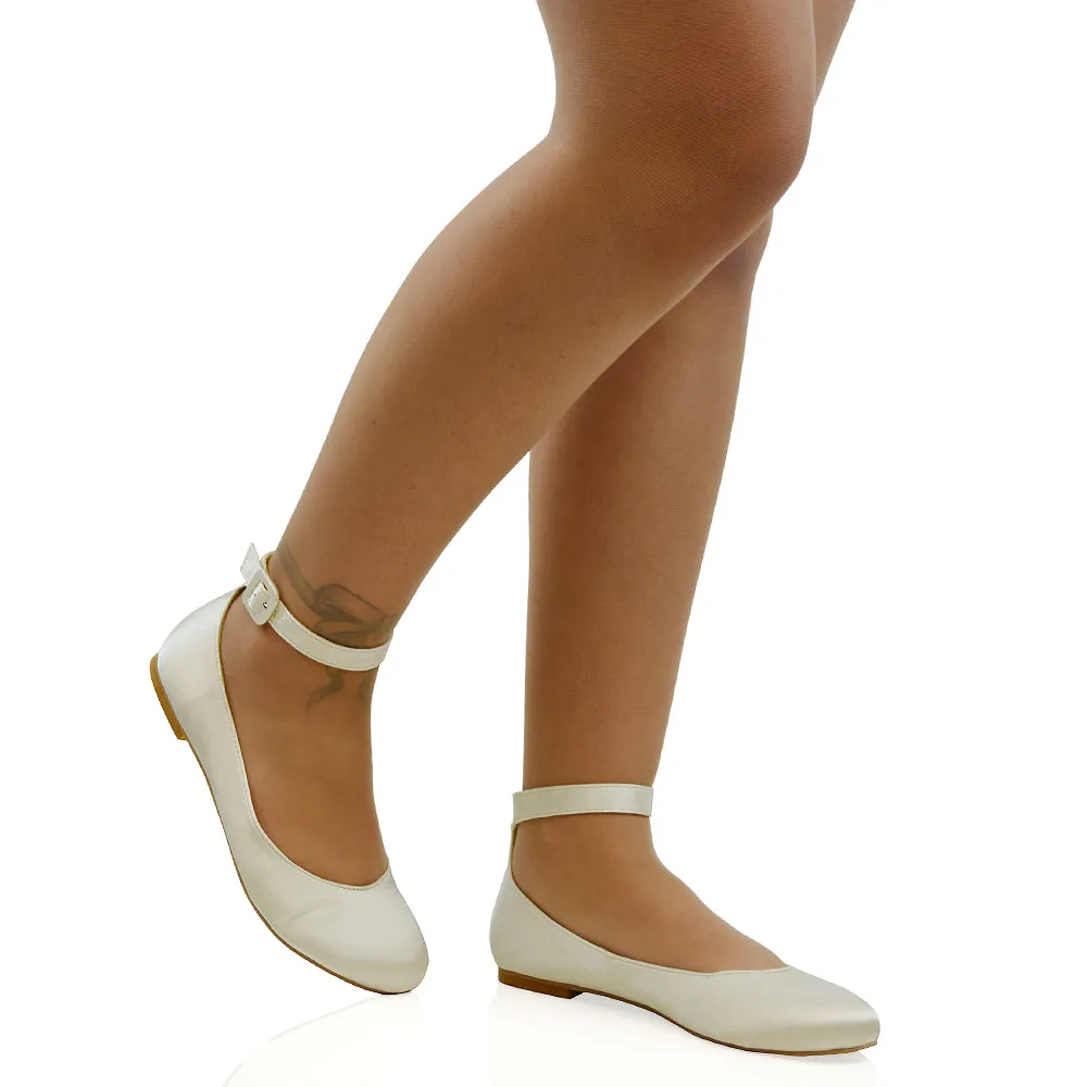 KIMMIE BALLERINA LOW BLOCK HIGH HEEL BUCKLE STRAPPY PUMP FLAT SHOES in Ivory Satin