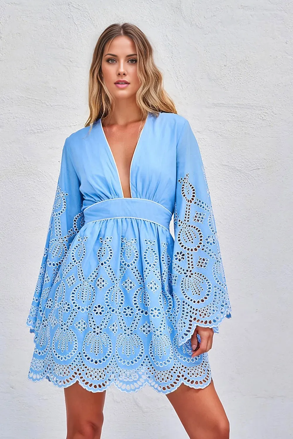 Lace Long Sleeve Mini Dress Blue