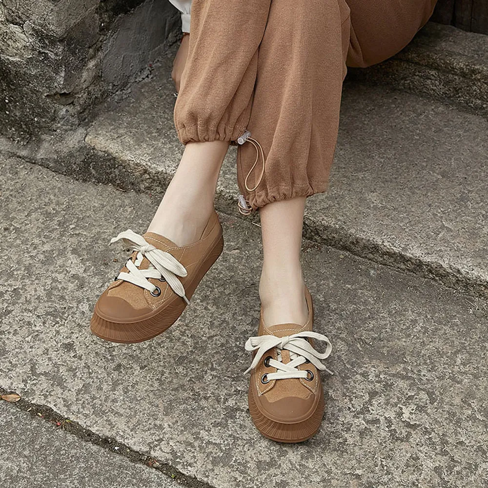 Lace-Up Suede Leather Flat Shoes (Worn as Slippers)