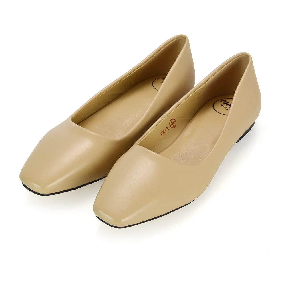 Maci Square Toe Slip on Flat Heel Ballerina Pumps in Nude Synthetic Leather