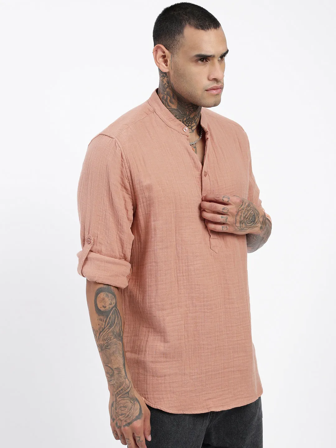 Men Peach Solid Kurta