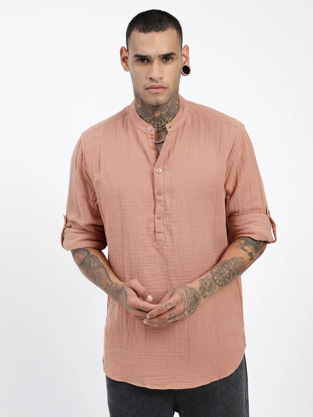 Men Peach Solid Kurta