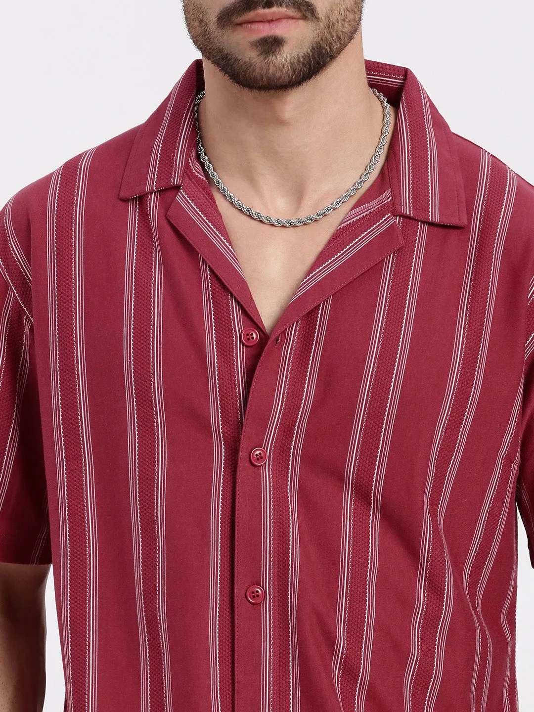 Men Pink Cuban Collar Striped Shirt