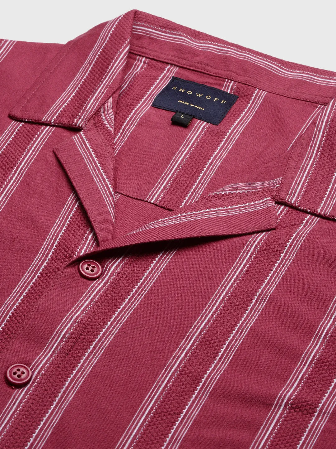 Men Pink Cuban Collar Striped Shirt