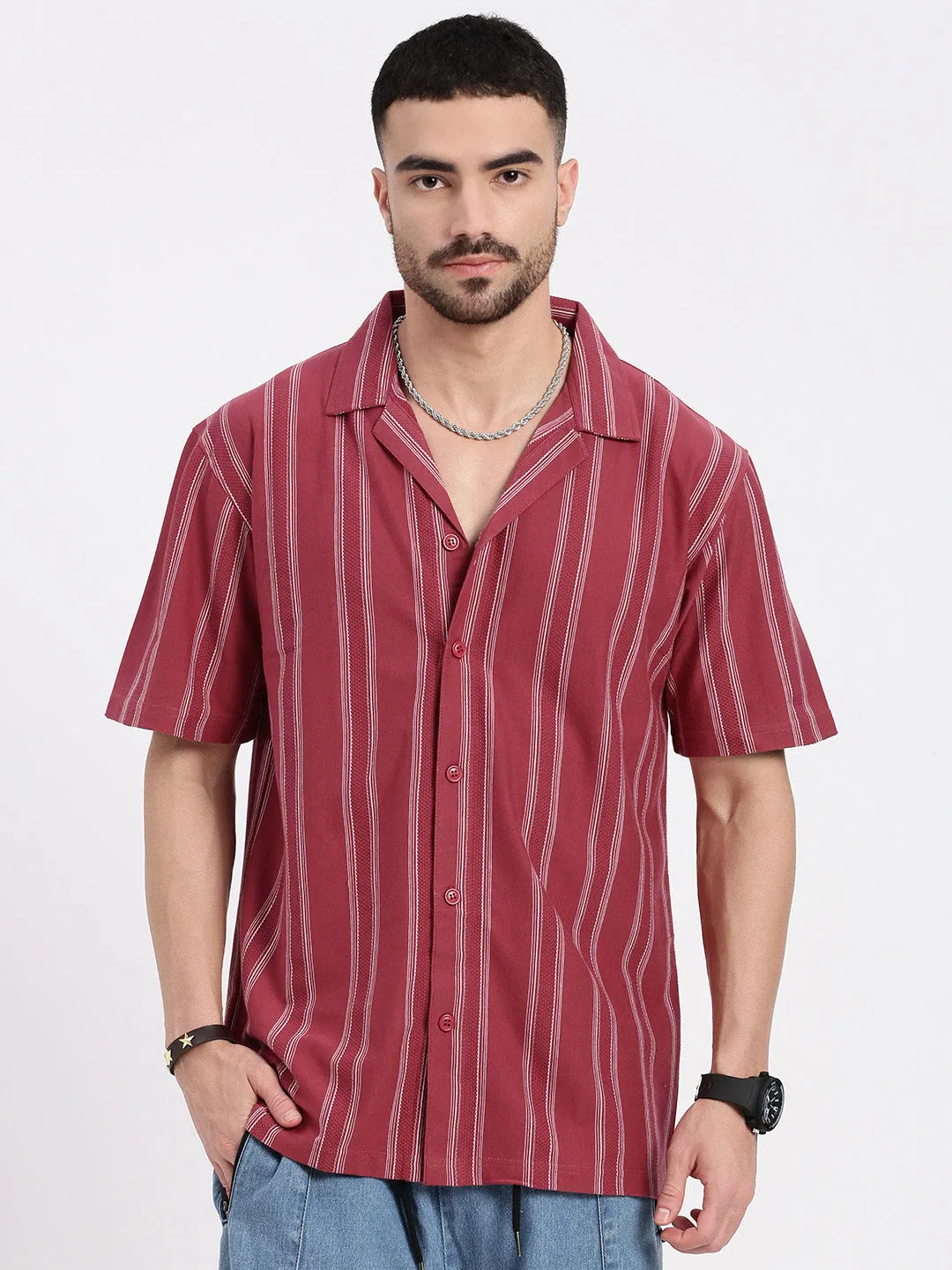 Men Pink Cuban Collar Striped Shirt