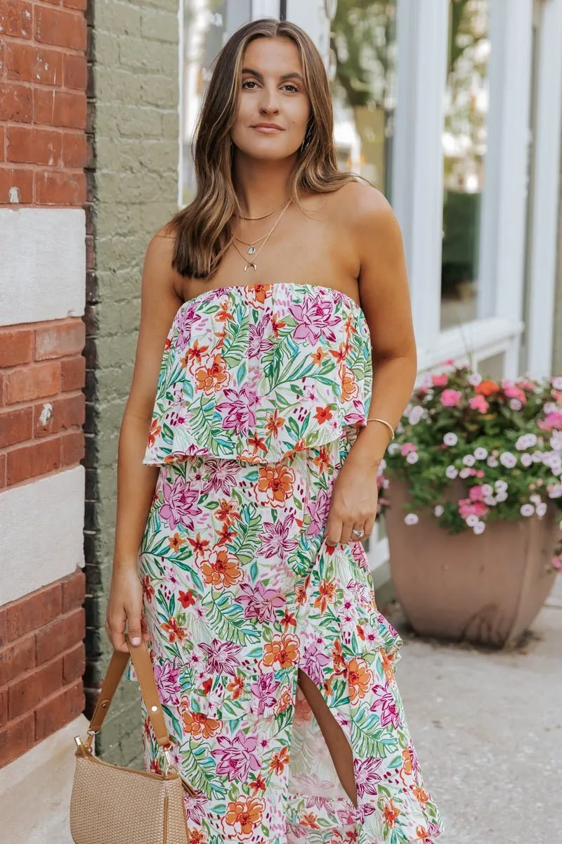 Multi Floral Strapless Slit Maxi Dress - FINAL SALE