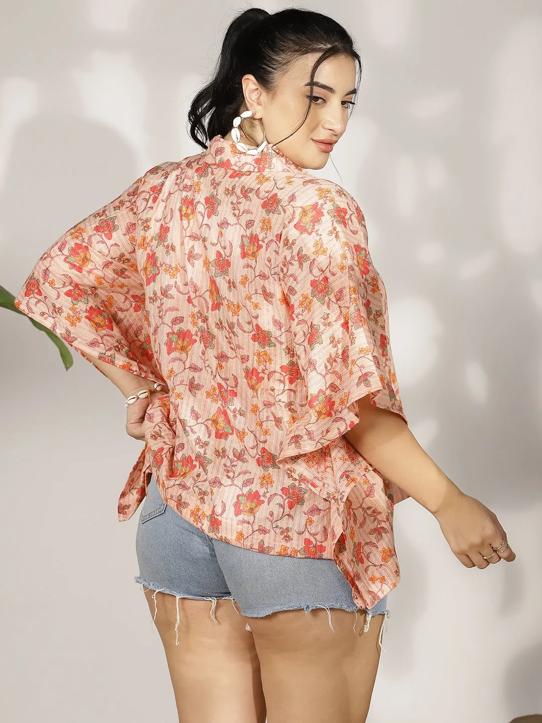 PeachFloral Cotton Kaftan Top