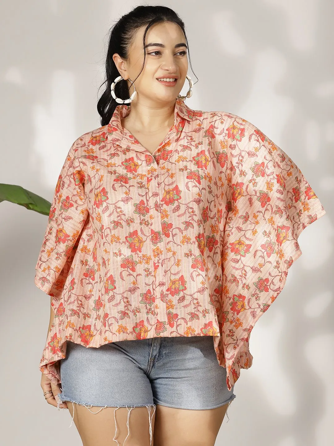 PeachFloral Cotton Kaftan Top