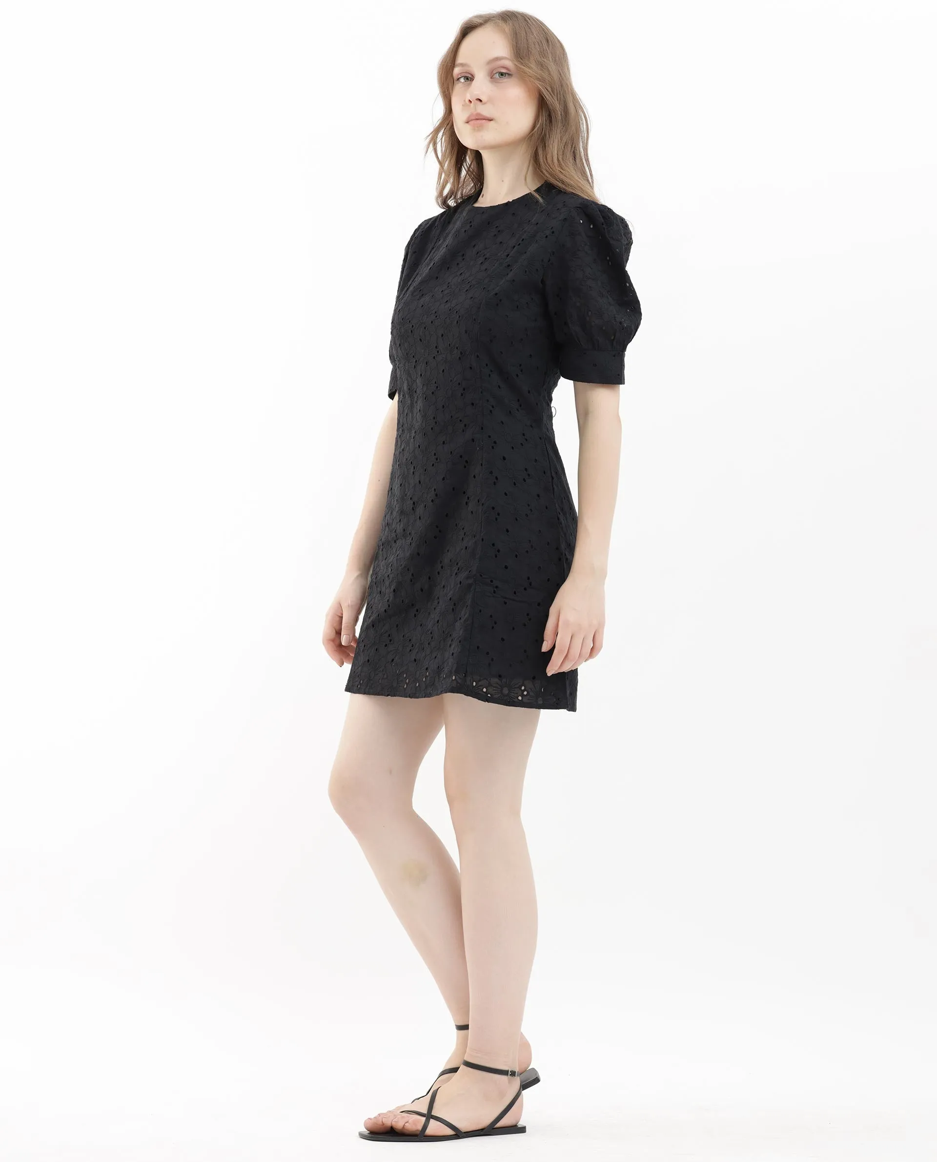 Rareism Women Phillips Black Cotton Fabric Short Sleeves Button Closure Round Neck Puff Sleeve Regular Fit Plain Mini A-Line Dress