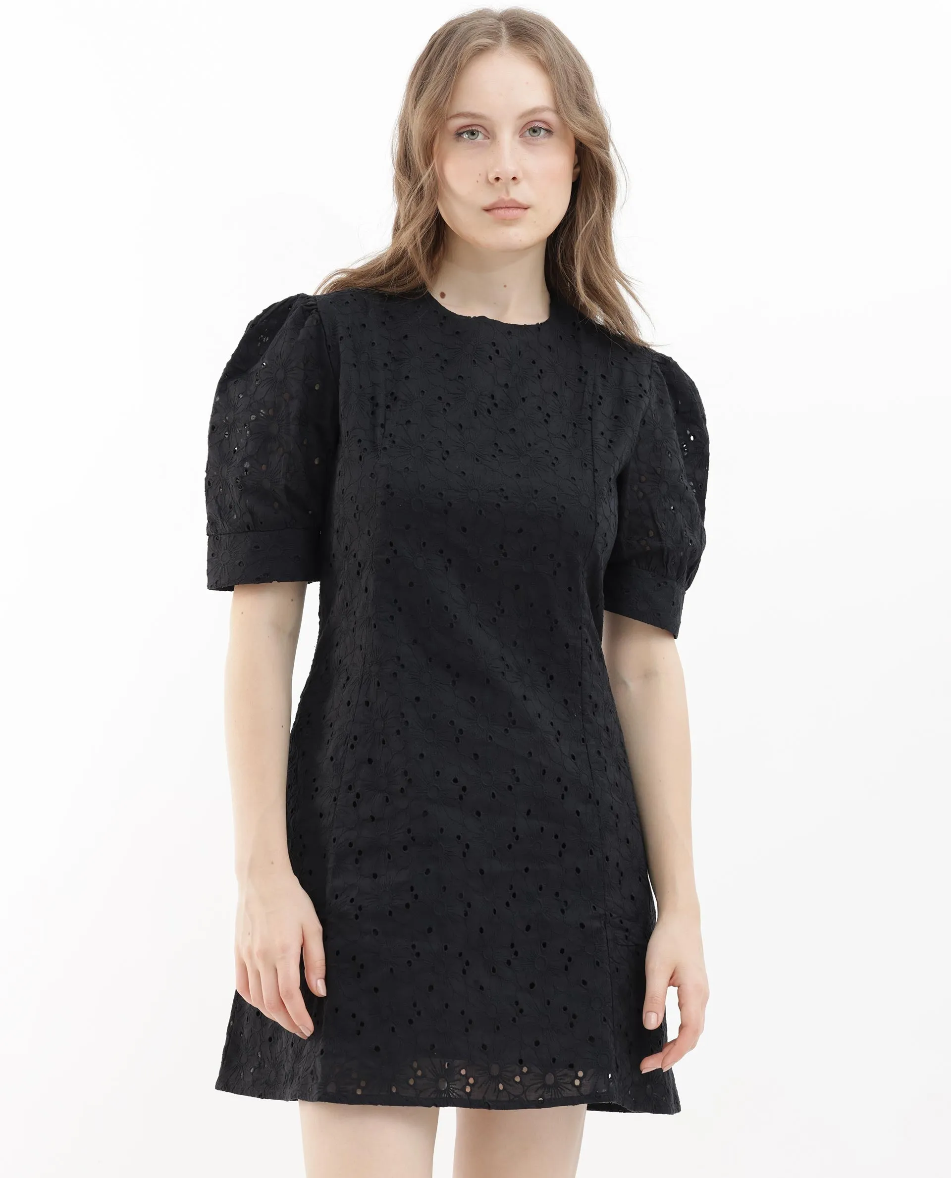 Rareism Women Phillips Black Cotton Fabric Short Sleeves Button Closure Round Neck Puff Sleeve Regular Fit Plain Mini A-Line Dress