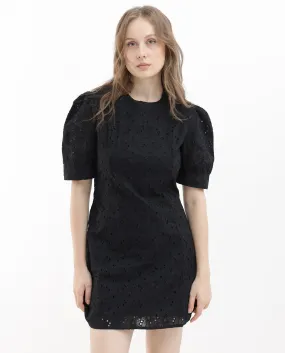 Rareism Women Phillips Black Cotton Fabric Short Sleeves Button Closure Round Neck Puff Sleeve Regular Fit Plain Mini A-Line Dress