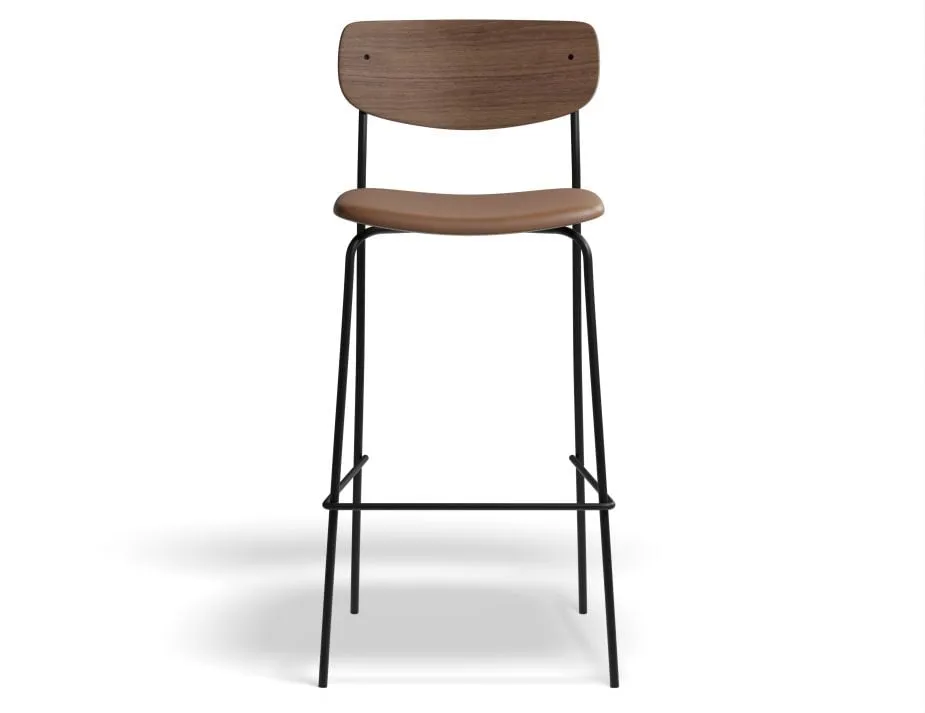 Rylie Stool - Padded Seat with Walnut Backrest - 75cm Bar Height - Black Vegan Leather Seat