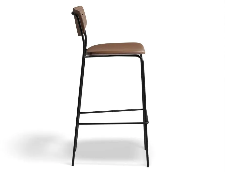 Rylie Stool - Padded Seat with Walnut Backrest - 75cm Bar Height - Black Vegan Leather Seat