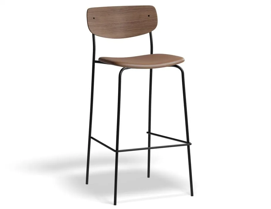 Rylie Stool - Padded Seat with Walnut Backrest - 75cm Bar Height - Black Vegan Leather Seat