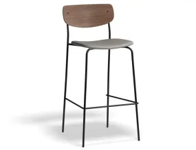 Rylie Stool - Padded Seat with Walnut Backrest - 75cm Bar Height - Grey Vegan Leather Seat