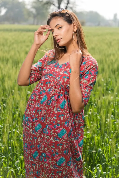 Sootisyahi 'Scarlet-Bee-Balm' Azofree Handblock Printed Pure Cotton Dress