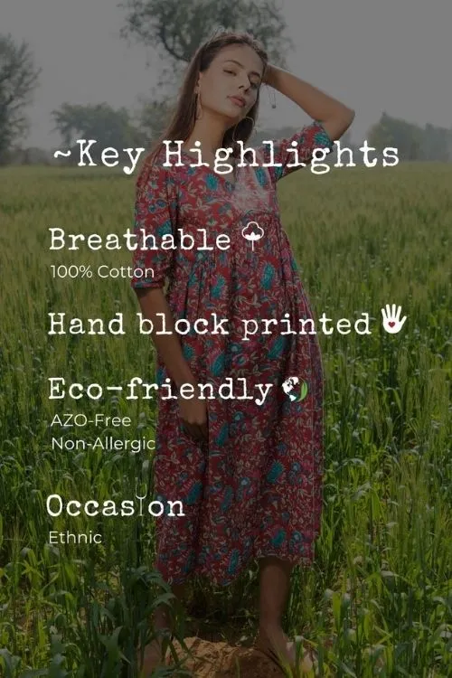 Sootisyahi 'Scarlet-Bee-Balm' Azofree Handblock Printed Pure Cotton Dress