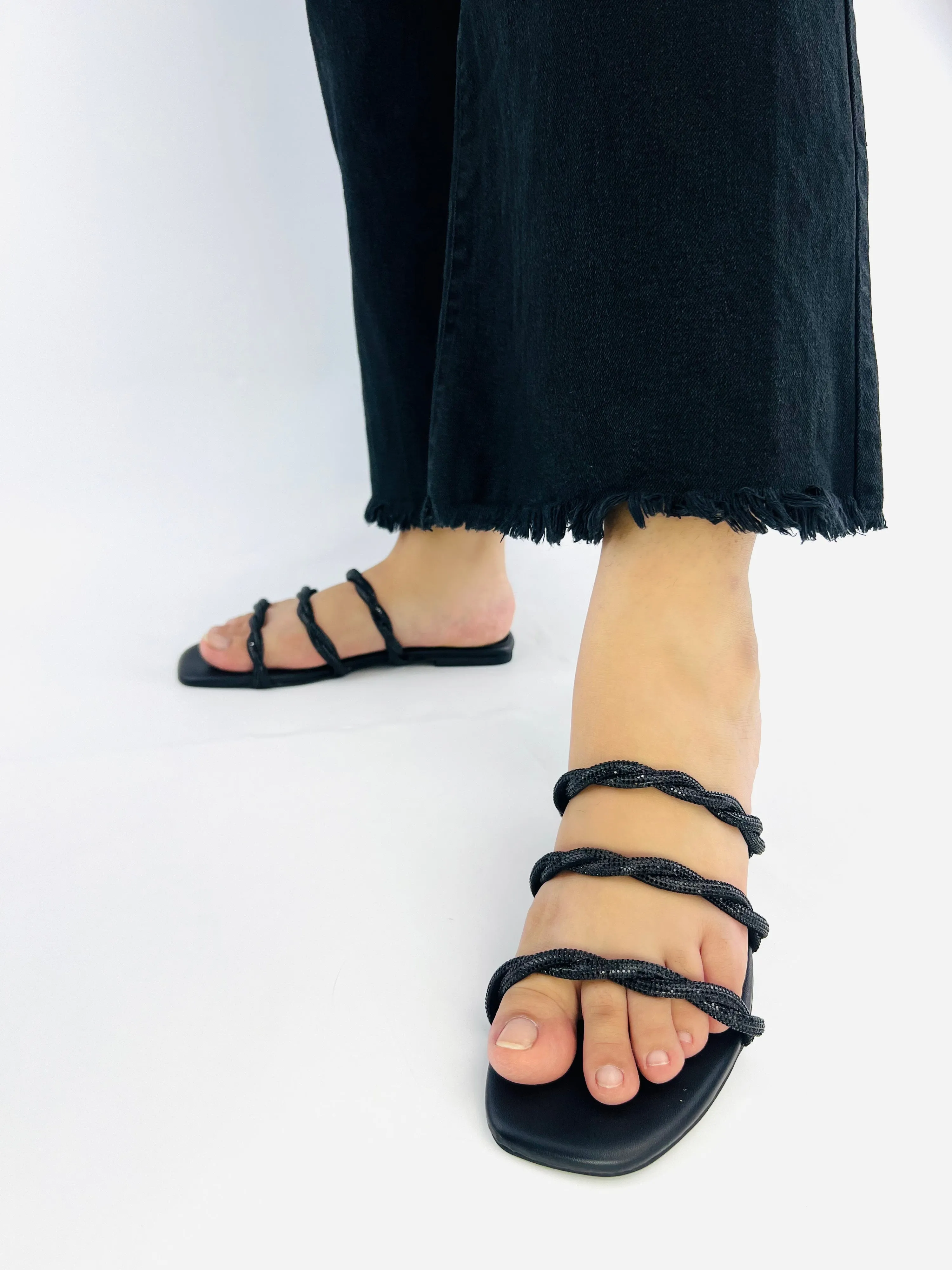 Spunkz Black Diamante Embellished 3-Striped Cross Straps Flat Slides