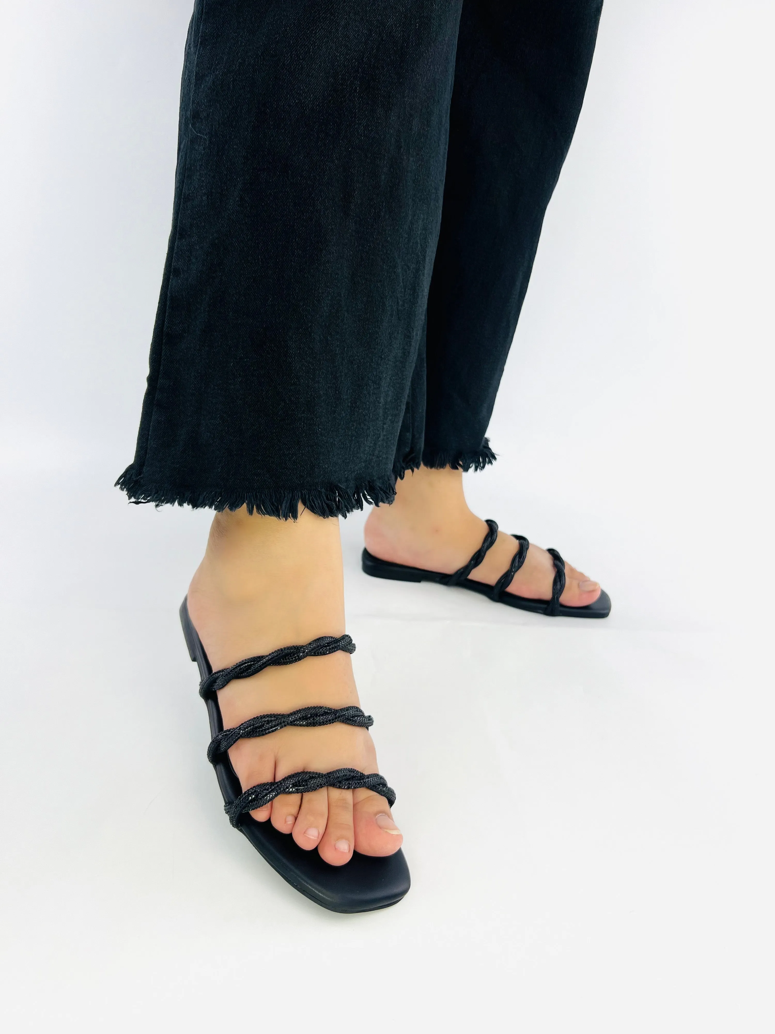 Spunkz Black Diamante Embellished 3-Striped Cross Straps Flat Slides