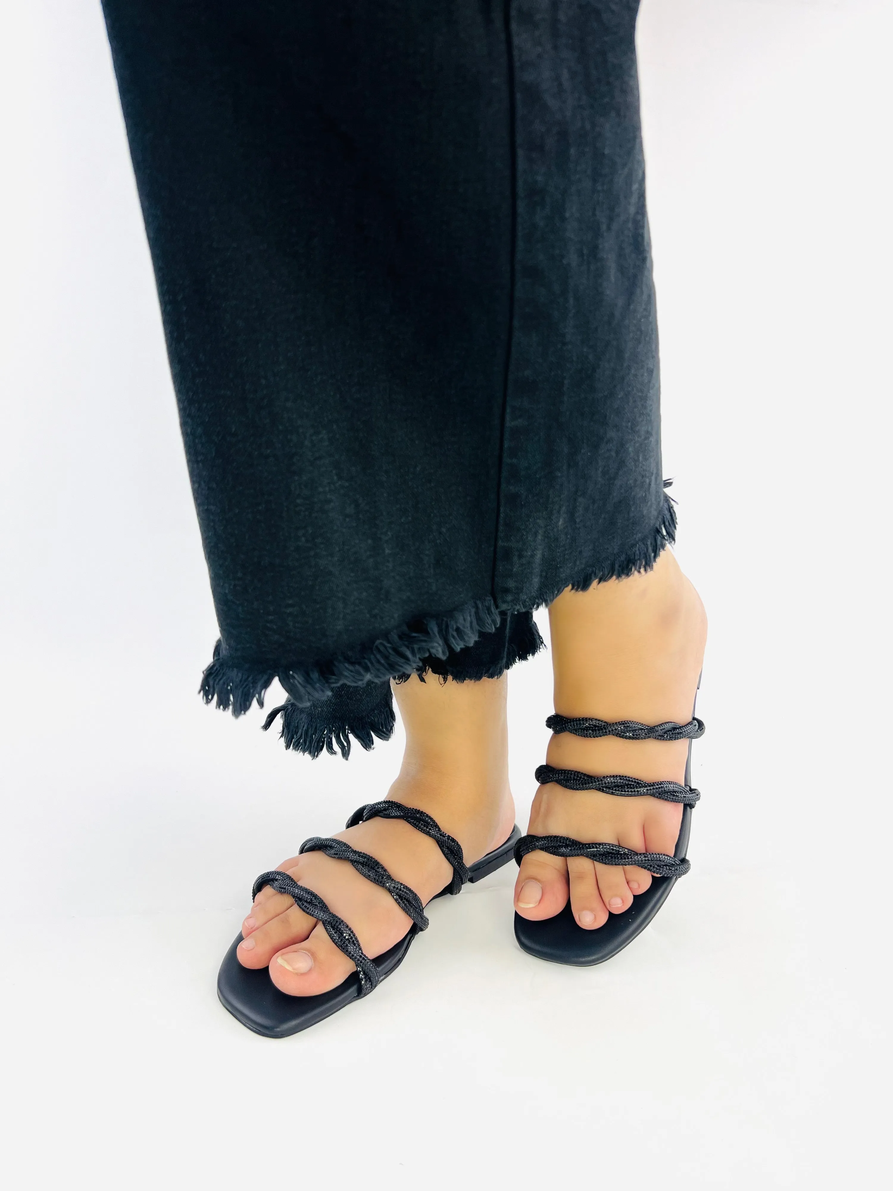 Spunkz Black Diamante Embellished 3-Striped Cross Straps Flat Slides