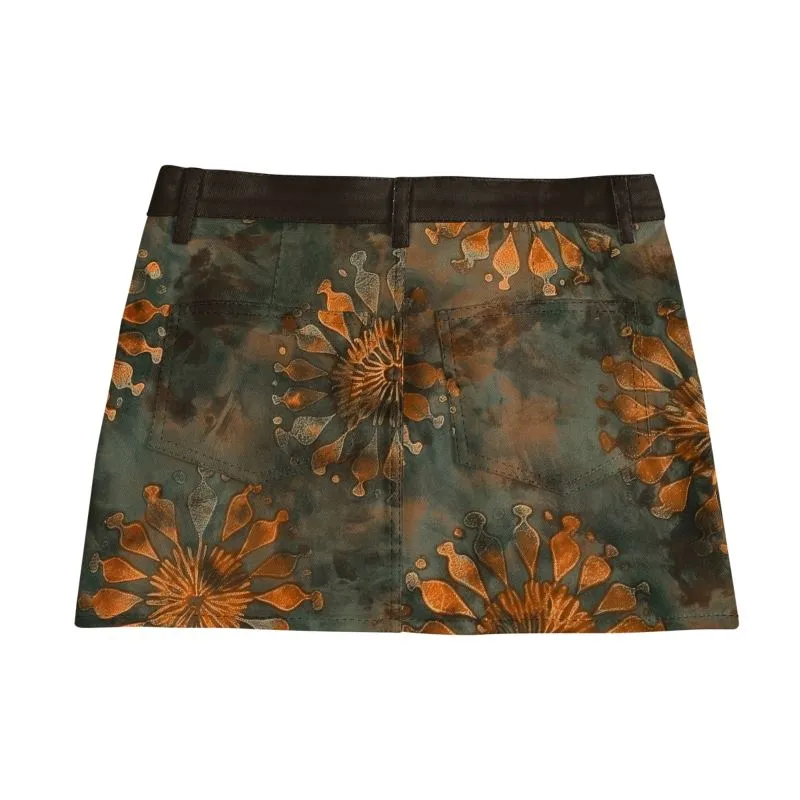 Vampire Art Boho Festival Tie-Dye Mini Denim Skirt - Charcoal with Orange