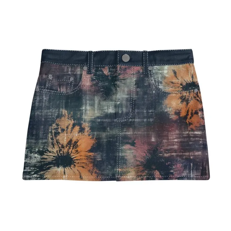 Vampire Art Boho Festival Tie-Dye Mini Denim Skirt - Navy