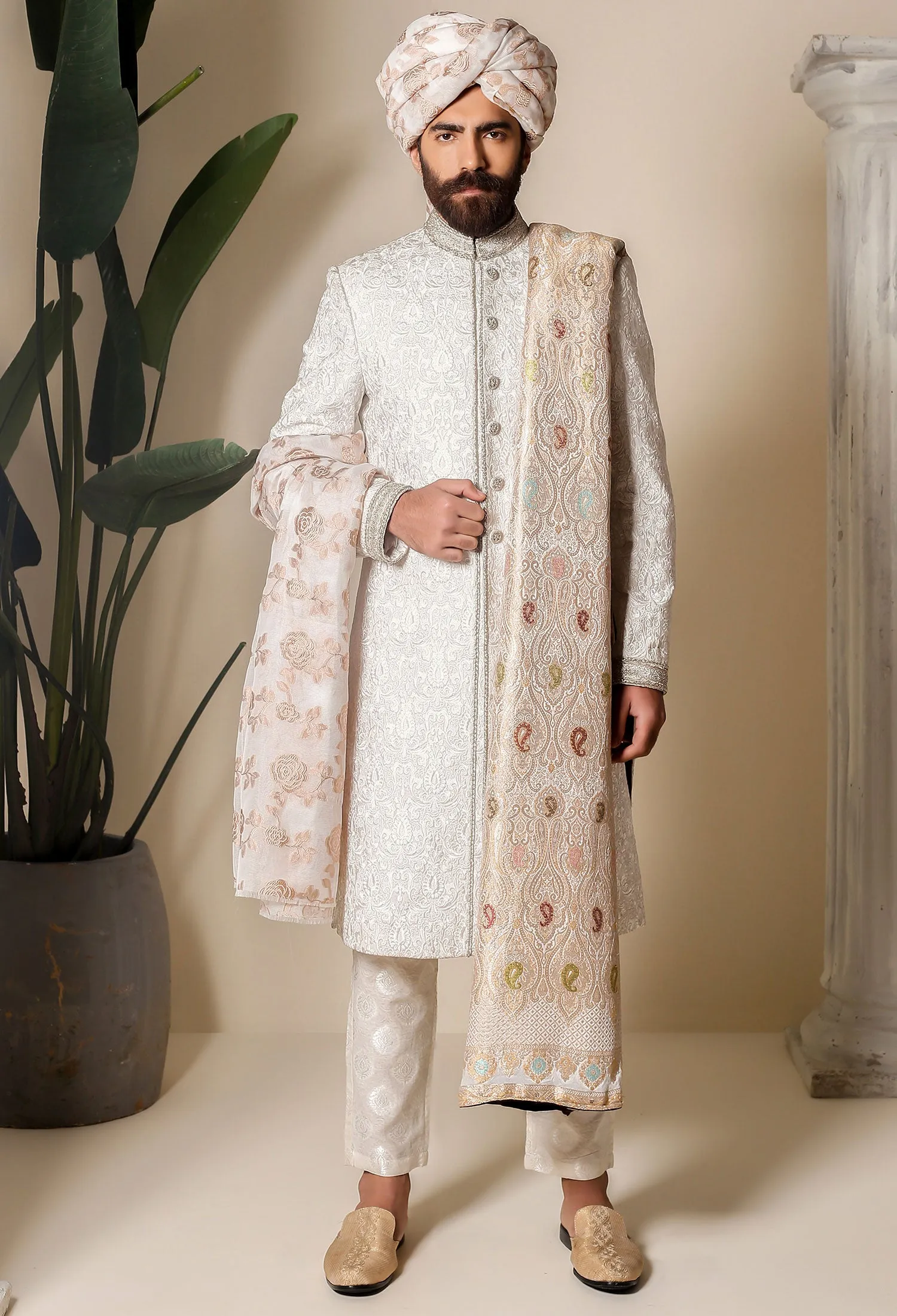 WHITE EMBOSSED LUXURY SHERWANI