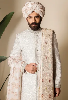 WHITE EMBOSSED LUXURY SHERWANI