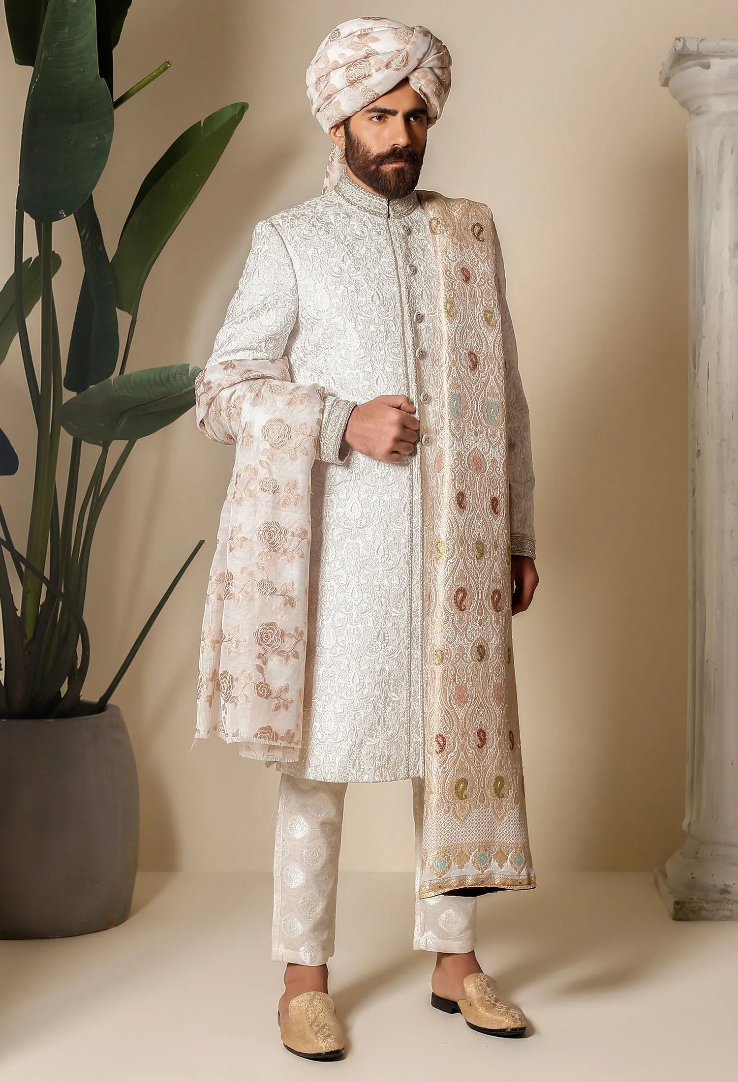 WHITE EMBOSSED LUXURY SHERWANI