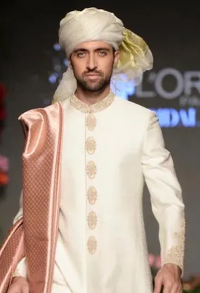 WHITE SELF MOTIF SHERWANI