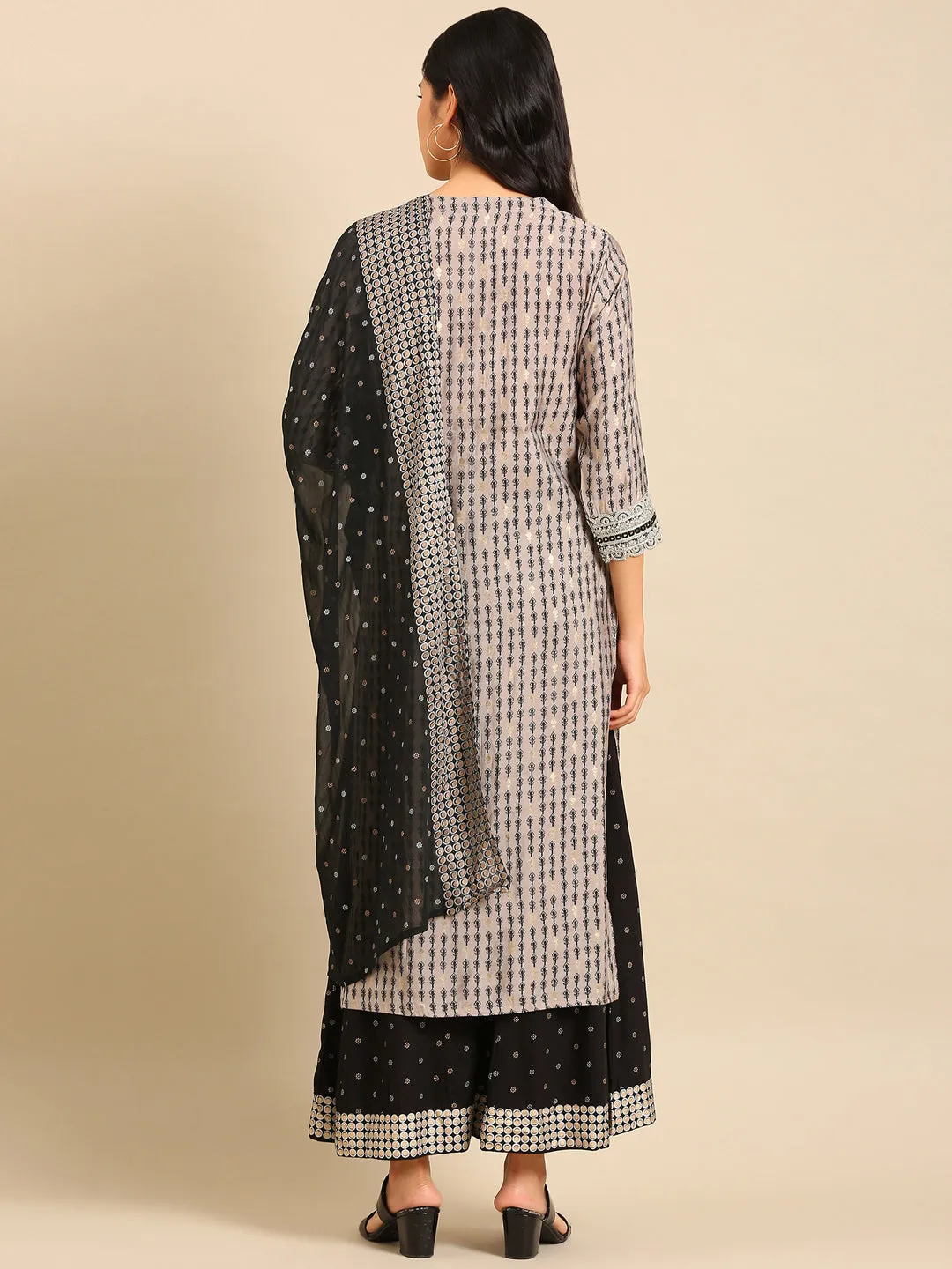 Women Graphic Grey Straight Kurta Set with Dupatta