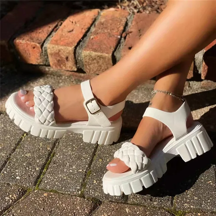 Women summer buckle strap woven casual beach platform sandals