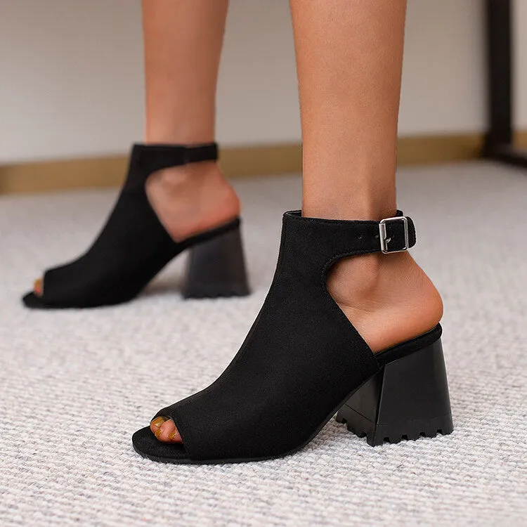 Women's Ethnic Peep Toe Buckle Block Chunky Heel Sandals