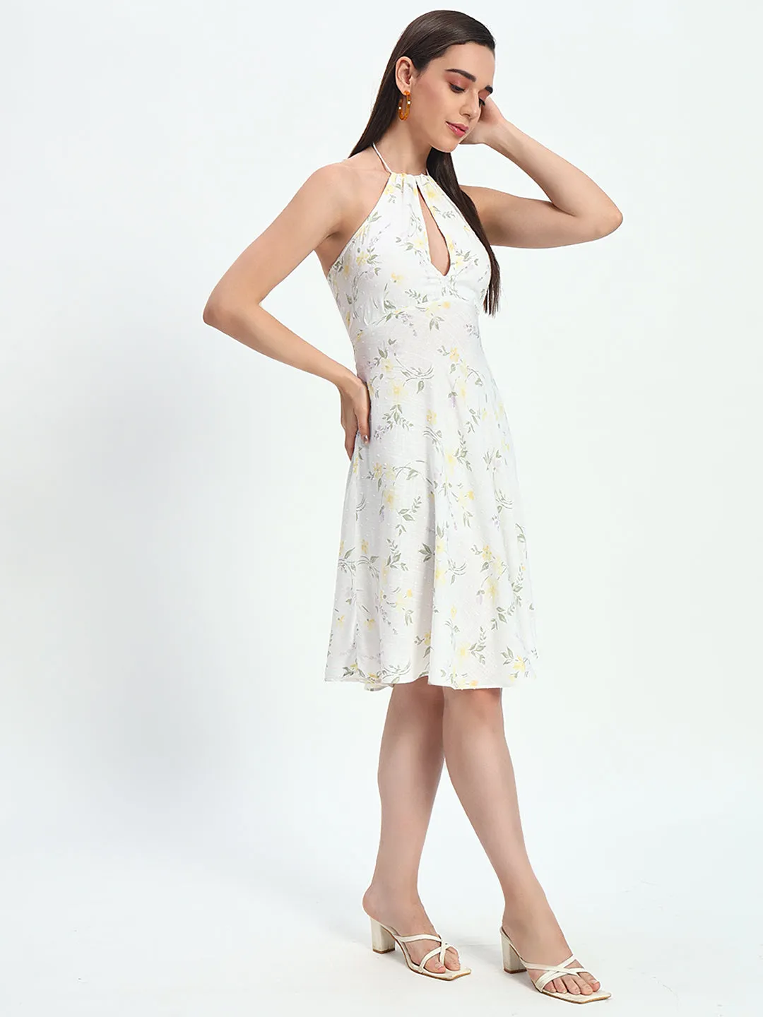 Women's Halter Neck Backless White Floral Printed Dress